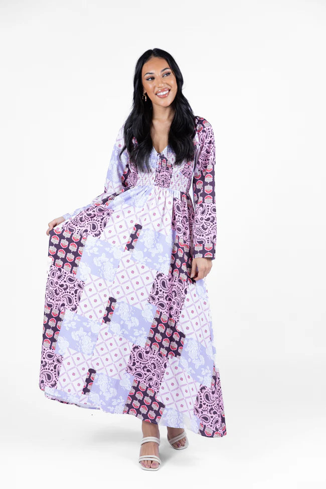 Falling Petals Purple Patchwork Printed Maxi Dress