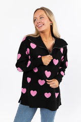 Pulling Heartstrings Black and Pink Heart Print Quarter Zip Pullover FINAL SALE