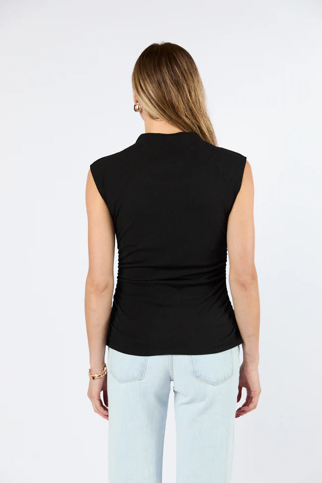 Prime Time Black Ribbed Ruched Bodice Mock Neck Tank