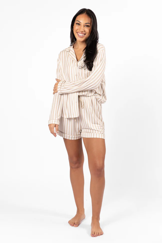 Good To Get Away Neutral Stripe Pajama Shorts