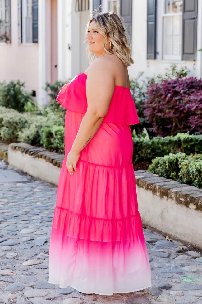 Bright On Time Hot Pink Ombre Strapless Maxi Dress FINAL SALE