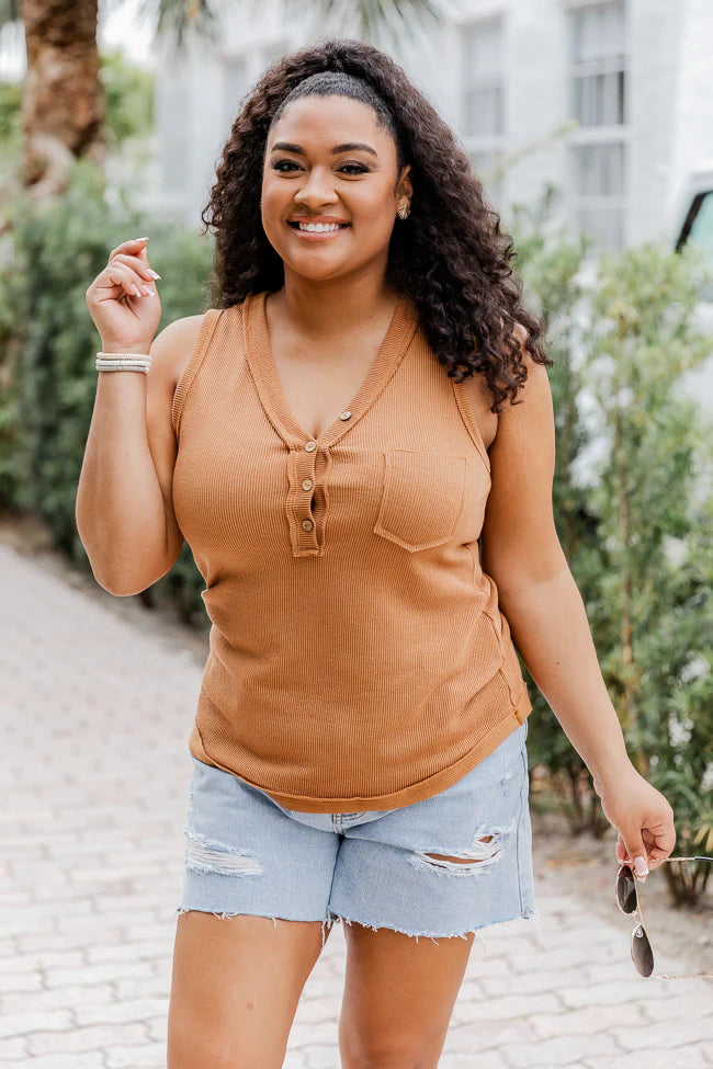 Play The Part Brown Textured Henley Tank FINAL SALE