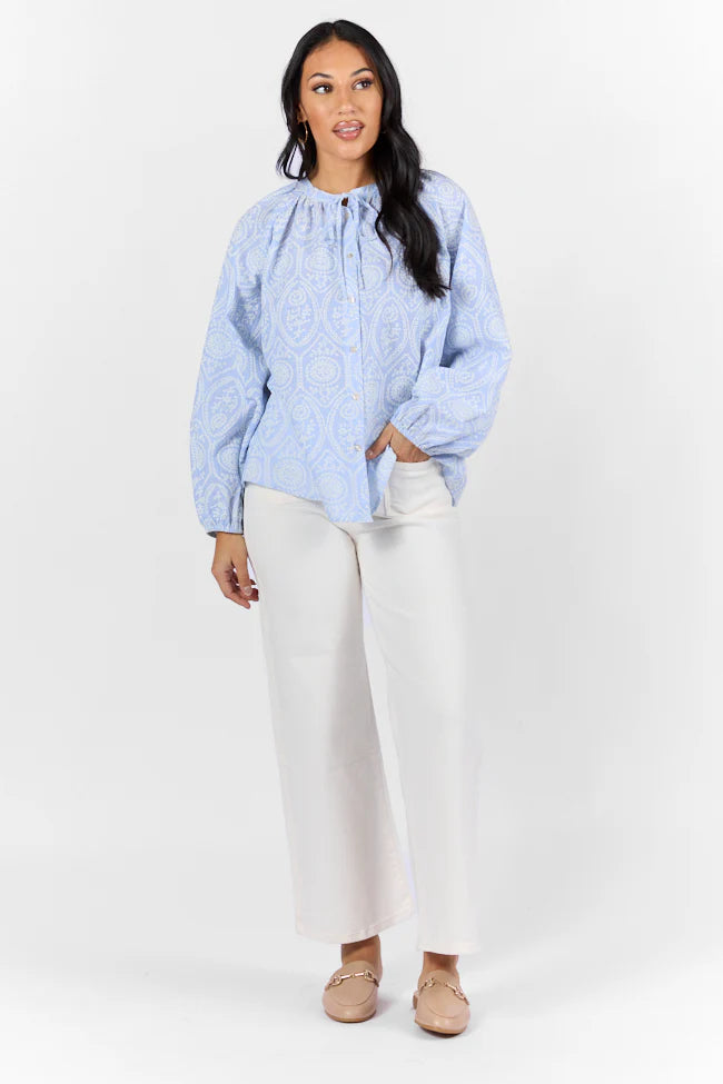 Downtown Delight Blue Embroidered Woven Button Down Blouse