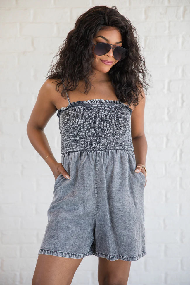 Embracing Change Grey Acid Wash Smocked Romper SALE