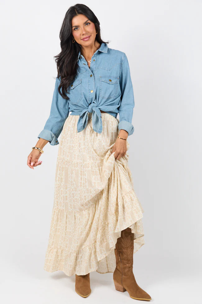 Life Is But A Breeze Ivory and Beige Printed Maxi Skirt