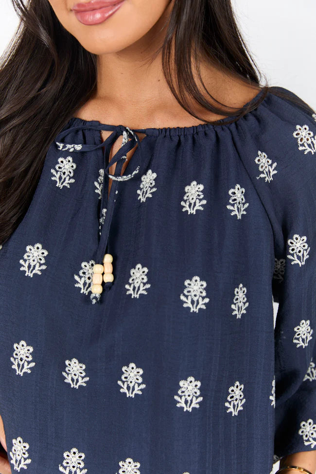 Come Along Navy Embroidered Woven Pop Over Blouse