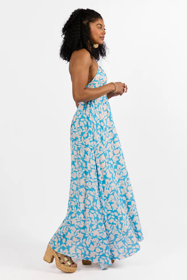 Golden Days Blue Halter Neck Printed Maxi Dress