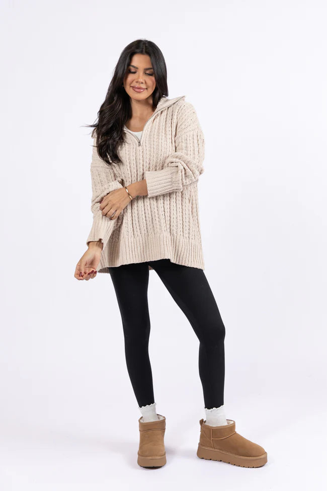 Forever Yours Beige Cable Knit Chenille Quarter Zip Sweater SALE