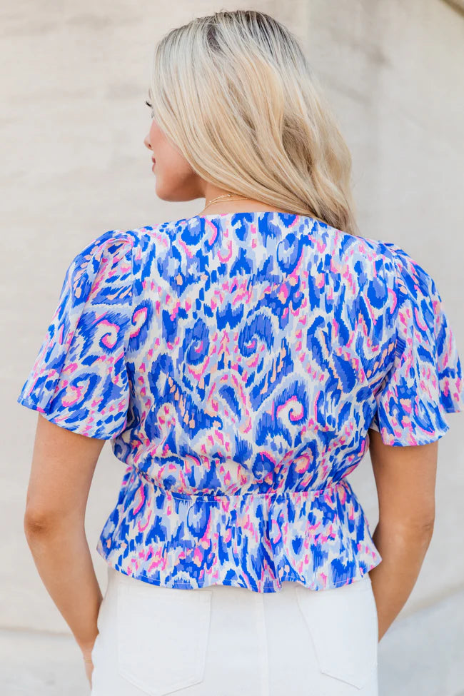 Snagged Your Attention Blue Short Sleeve Printed Top SALE