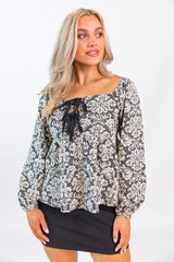 Always Ready Black and Ivory Jacquard Tie Front Knit Top FINAL SALE