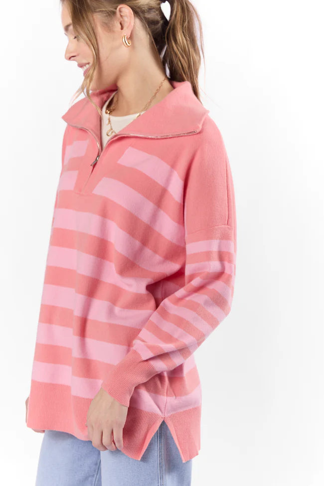 Pulling Heartstrings Coral Multi Stripe Quarter Zip Pullover