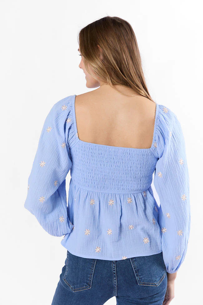 Darling Days Blue Floral Embroidered Gauze Top