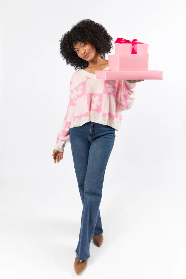 Found A New Way Pink V-Neck Checkered Flower Sweater SALE