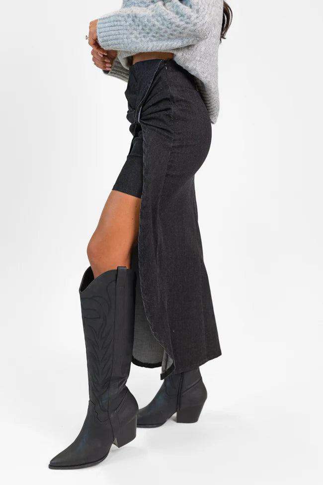 Unexpected Turn Black Denim Twist Front Midi Skirt