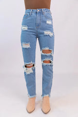 Megan Light Wash Distressed Straight Leg Mom Jeans