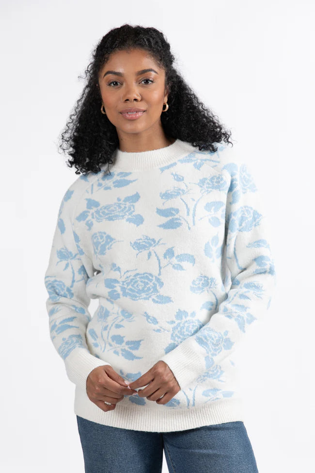 Feeling Like Love Ivory and Blue Floral Crew Neck Sweater SALE