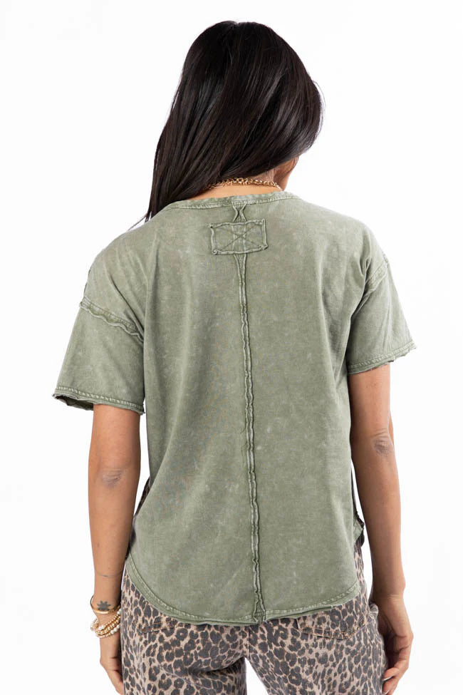 Tell Me About It Olive Acid Wash Scoop Neck Tee