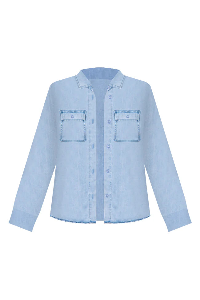 Tell Me Anything Chambray Light Wash Button Front Blouse FINAL SALE