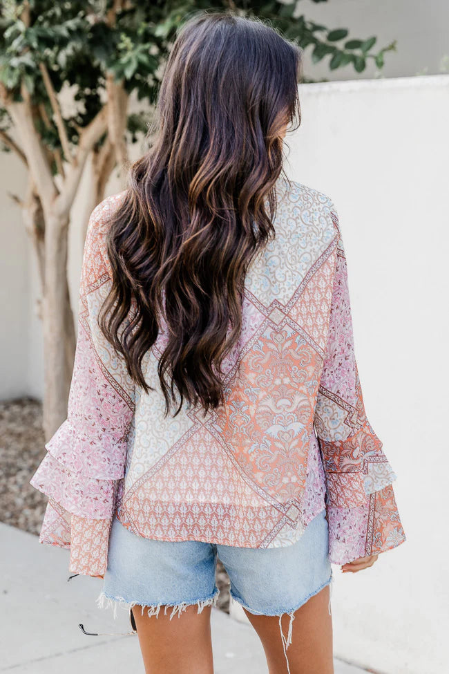 No Goodbyes Pink And Orange Printed Bell Sleeve Blouse FINAL SALE