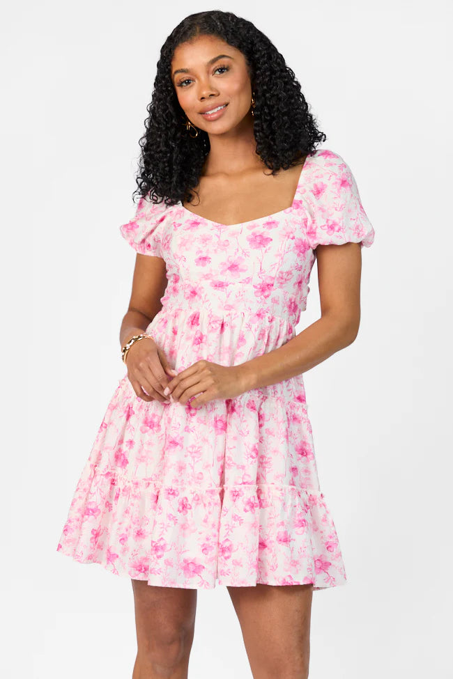 Calling Perfection Pink Floral Dress With Back Bow Detail