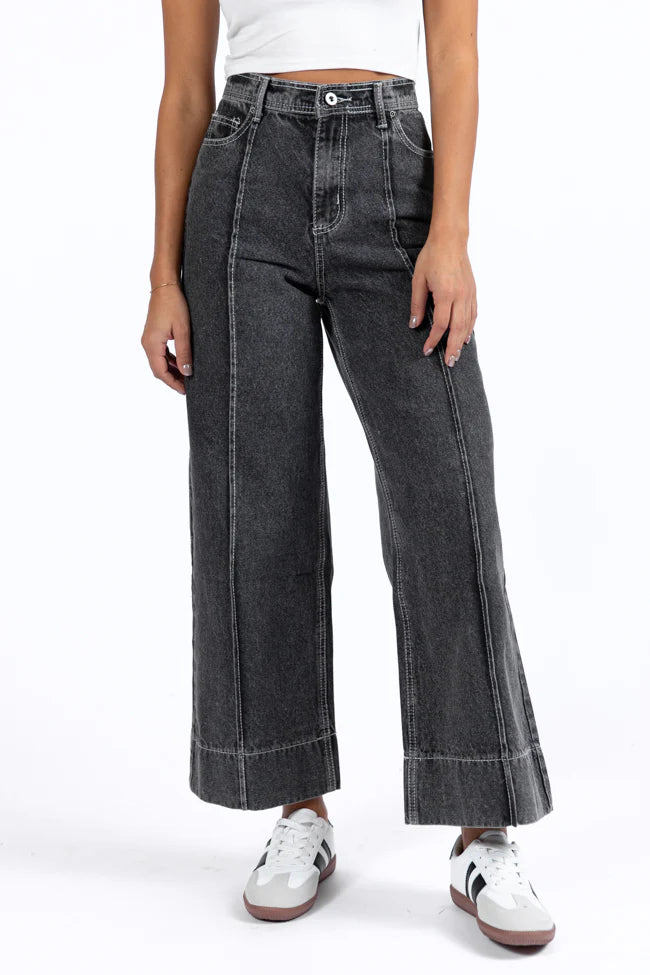 Estelle Black Acid Wash Wide Leg Front Seam Denim Pants