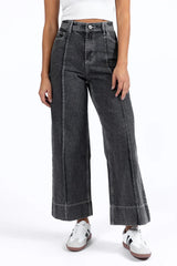 Estelle Black Acid Wash Wide Leg Front Seam Denim Pants