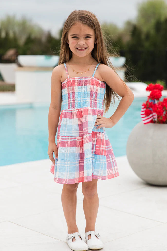 Kid's Tea With You Red and Light Blue Plaid Gauze Dress SALE