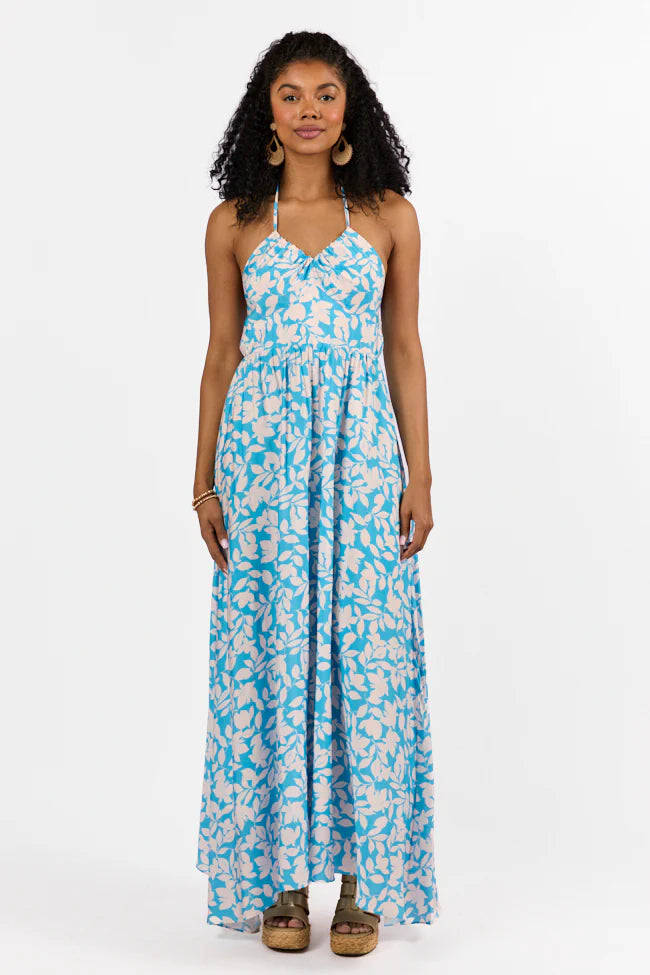 Golden Days Blue Halter Neck Printed Maxi Dress