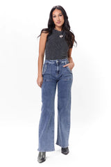 Carolyn Medium Wash Braided Pocket Wide Leg Jeans