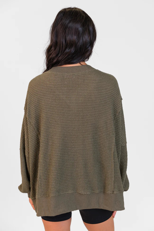 Perfect Score Olive Oversized Waffle V-Neck Top