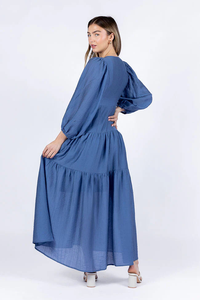 Enchanting Moments Blue Button Detail Maxi Dress