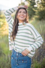 Keep On Shining Olive And Cream Striped Turtleneck Sweater