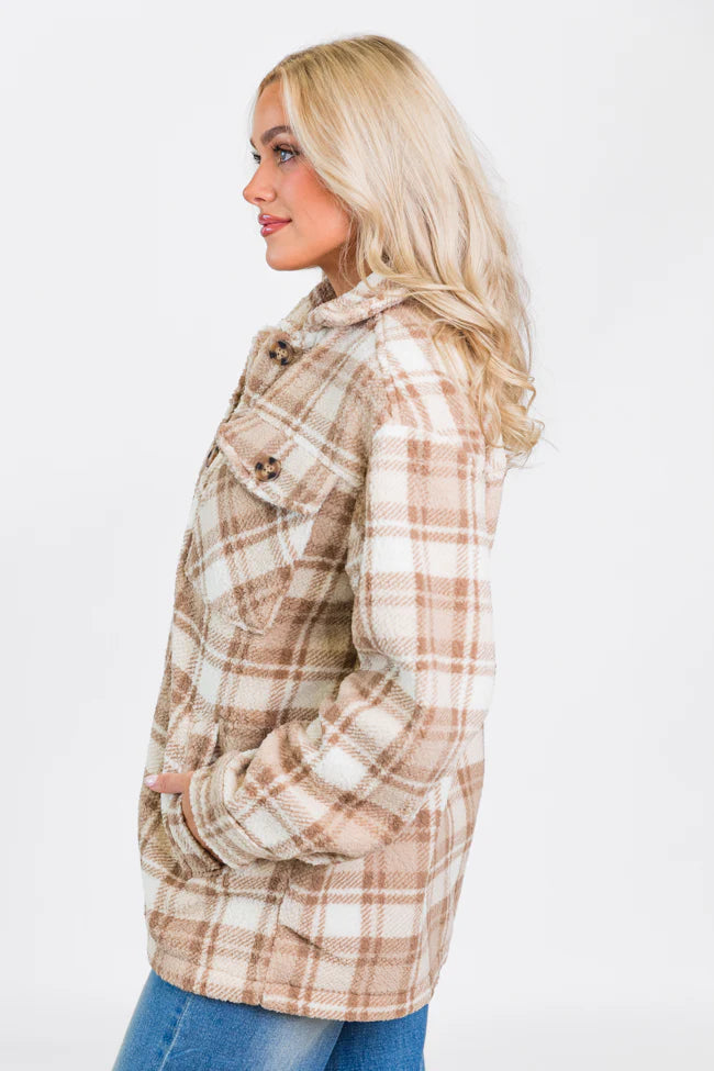 Through The Leaves Khaki Sherpa Plaid Shacket SALE