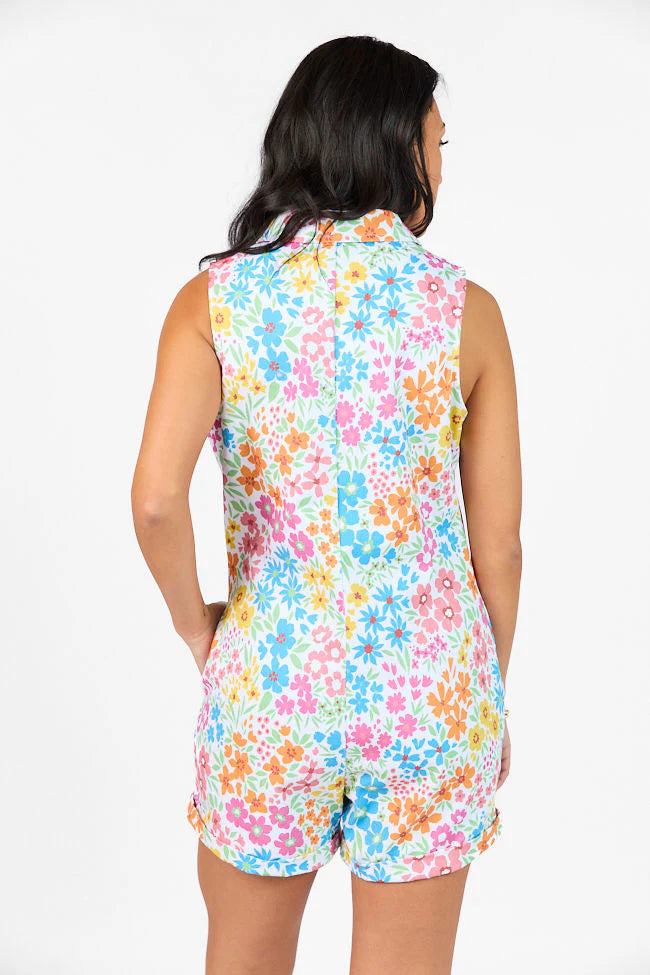 A Lesson Learned Multi Zipper Front Floral Denim Romper