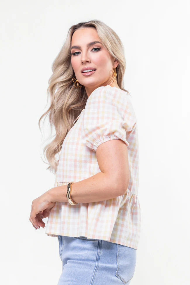 Tell Your Story Multi Gingham Short Sleeve Tie Front Peplum Blouse