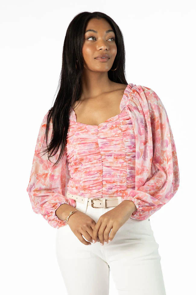 Show Me The Way Pink Multi Ruched Balloon Sleeve Floral Bodysuit