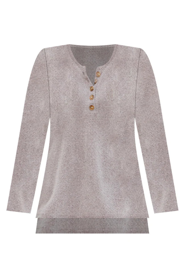 Thinking Of You Taupe  Fuzzy Henley Blouse