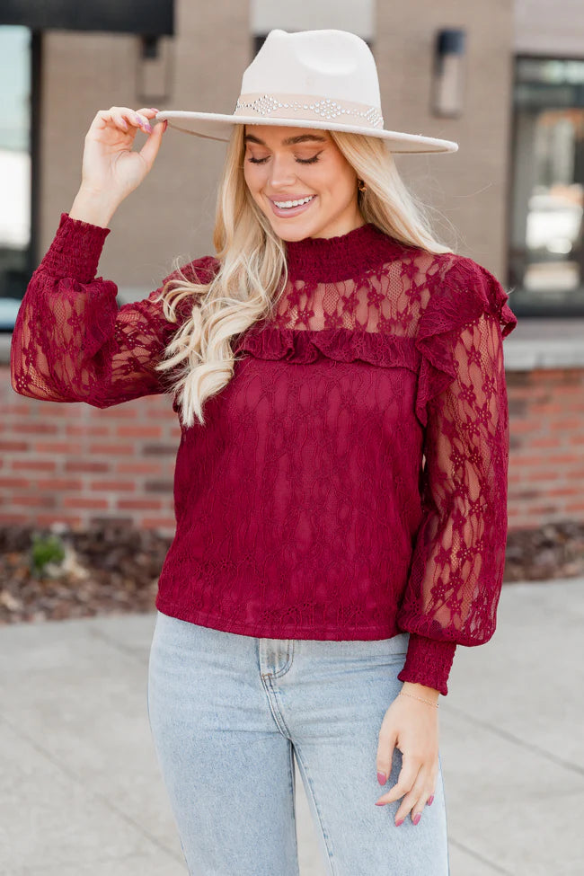 Be The Moment Burgundy Mock Neck Lace Blouse FINAL SALE