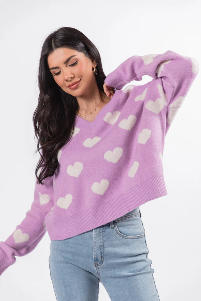 By The Book Lilac Hearts V-Neck Sweater FINAL SALE