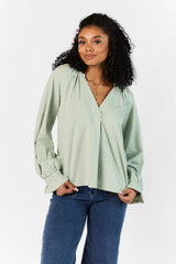 Simply You Sage Knit Notched Neck Long Sleeve Blouse