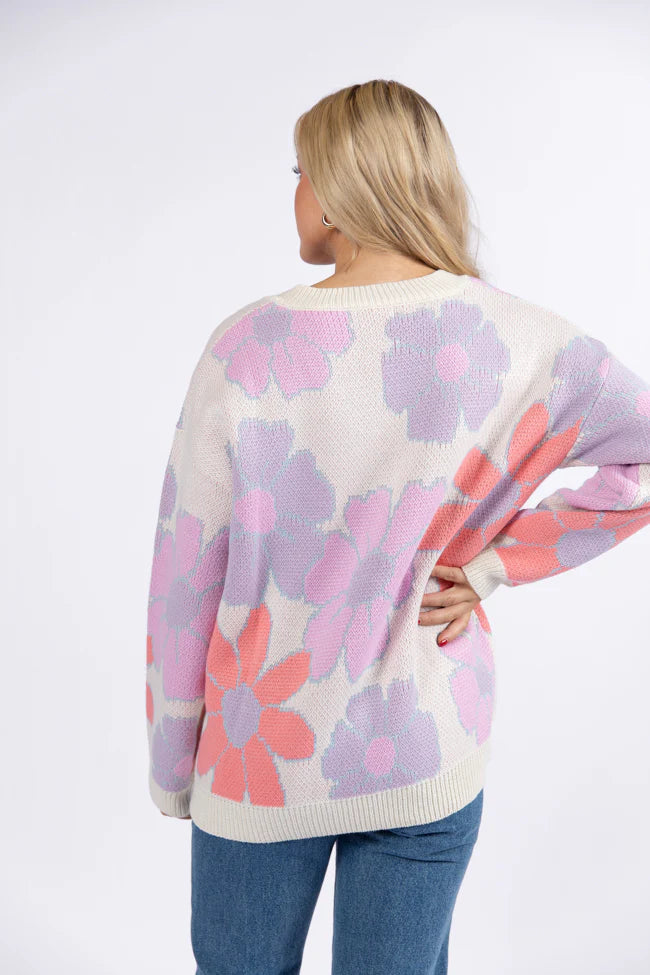 Lively Love Purple and Coral Multi Vneck Floral Print Sweater SALE