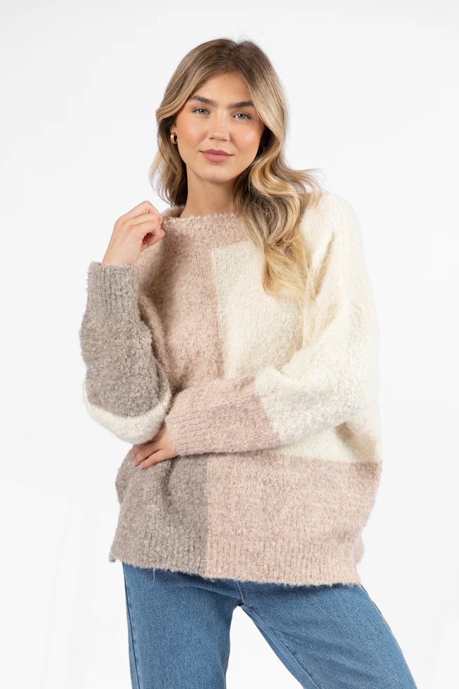 All On You Beige Multi Fuzzy Colorblock Mock Neck Sweater