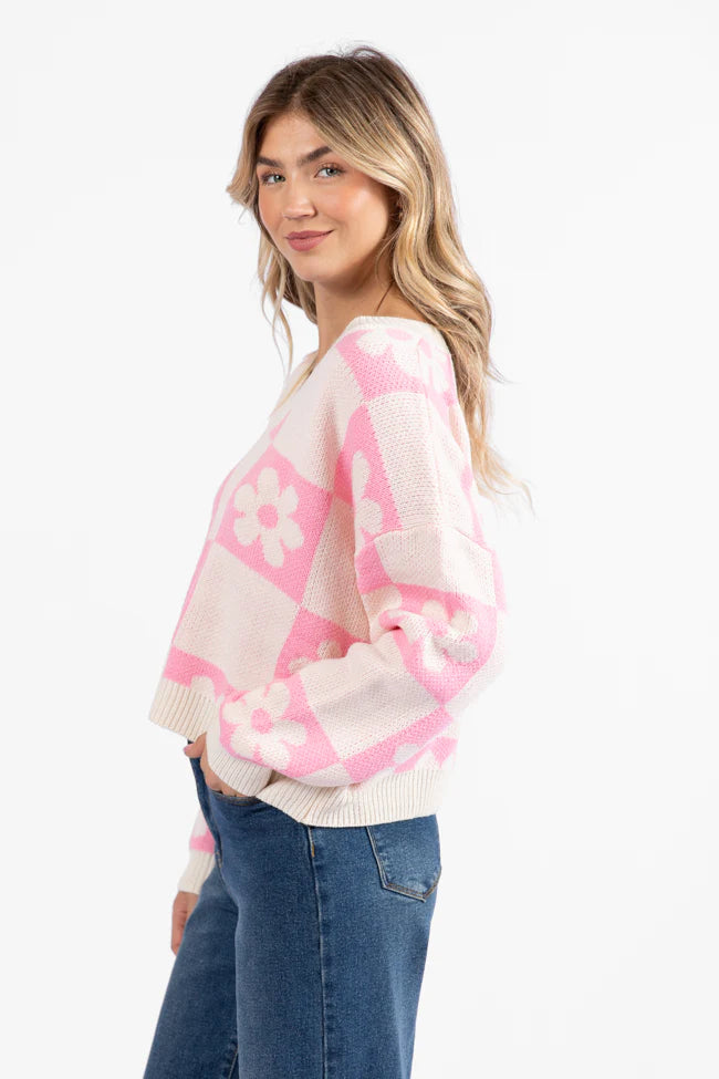 Found A New Way Pink V-Neck Checkered Flower Sweater SALE