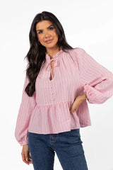 Oh My Darling Pink Stripe Notched Neckline Button Detail Peplum Blouse