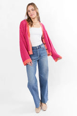 Triple Take Pink and Orange Woven Textured Knit Cardigan