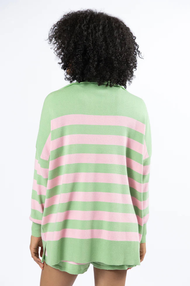 Pulling Heartstrings Green and Pink Striped Quarter Zip Pullover SALE