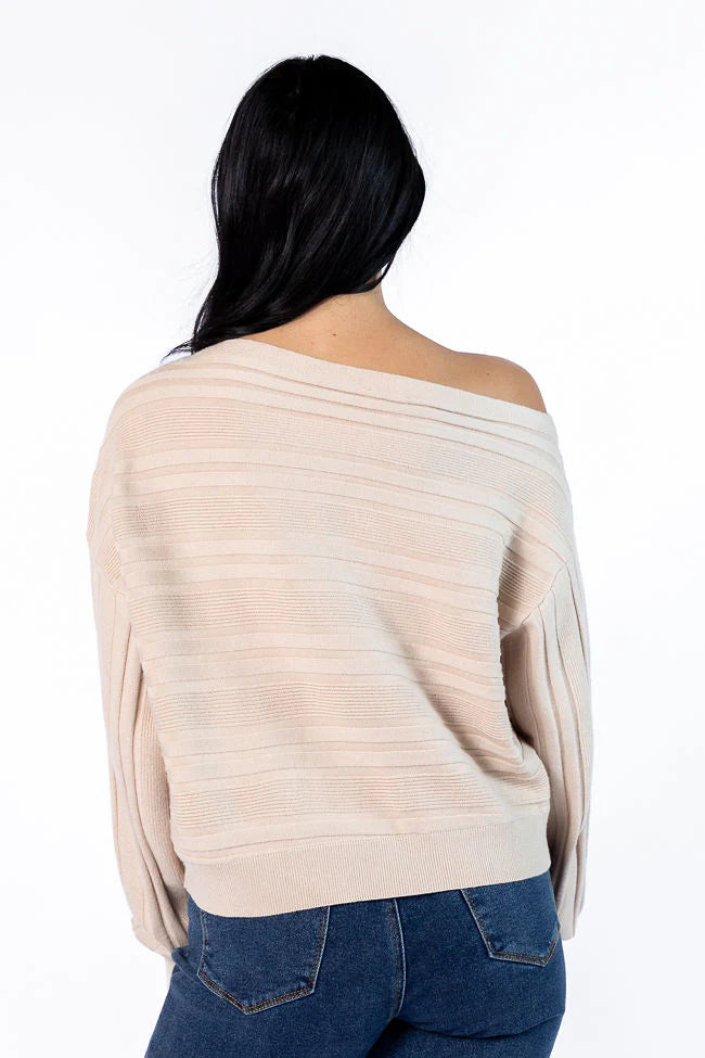 Feels Right Beige Off The Shoulder Ribbed Sweater