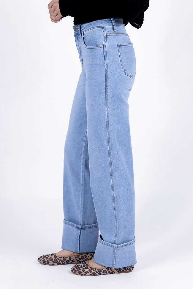 Camila Light Wash Wide Leg Cuffed Jeans