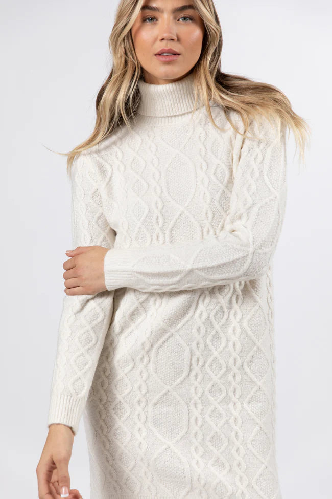 Let's Go Places Ivory Cable Knit Turtleneck Dress FINAL SALE