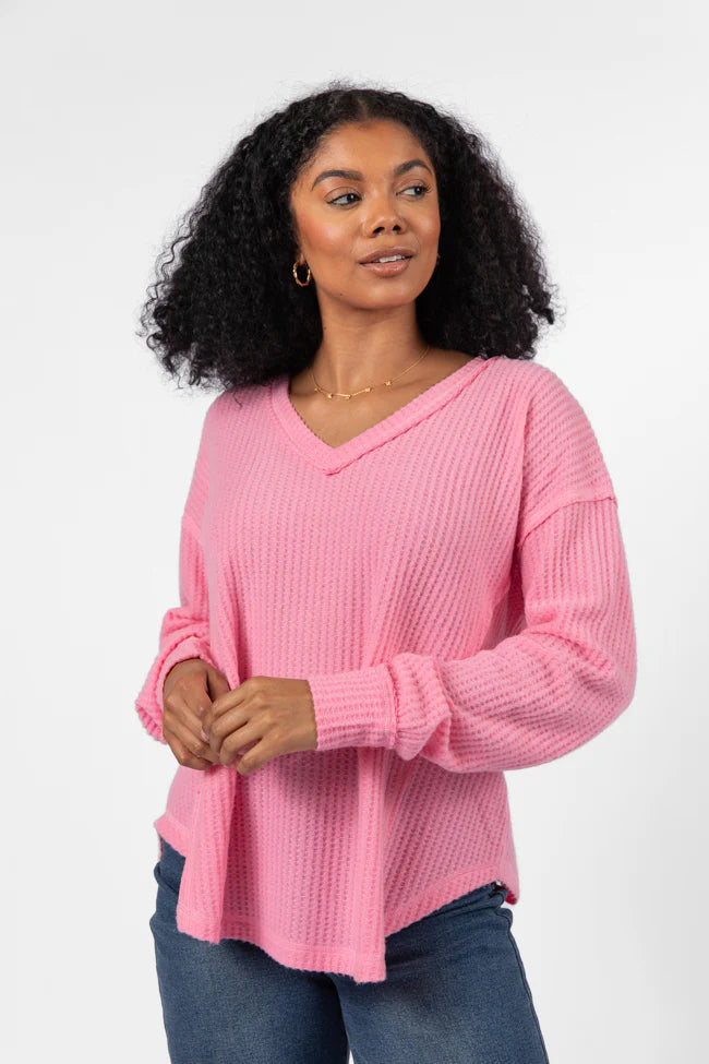 Idle Hands Pink Waffle Knit V-Neck Oversized Knit Top